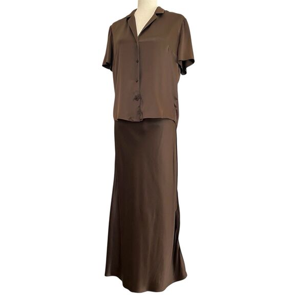 AYR Silk Top & Skirt Set Brown Size M Y2K Midi Minimalist Capsule Quiet Luxury - Picture 1 of 16